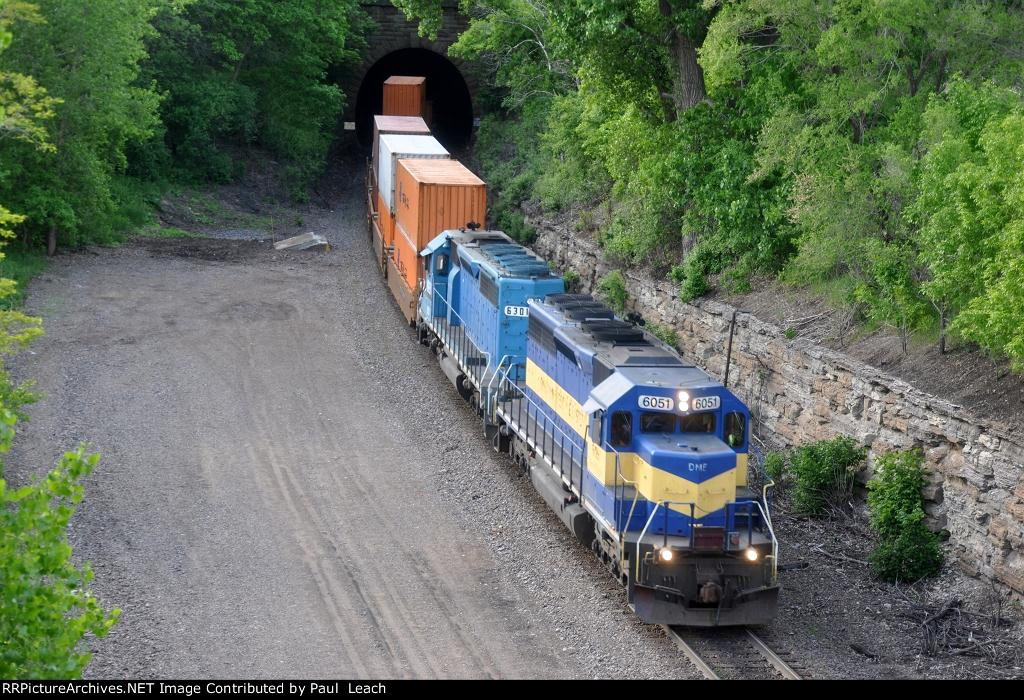 Eastbound intermodal transfer pops out of the tunnel